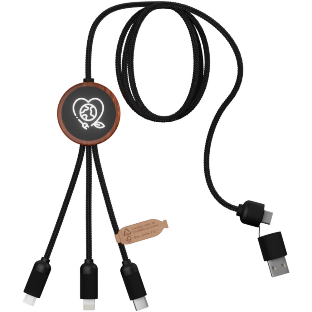 Logotrade business gift image of: SCX.design C37 5-in-1 rPET light-up logo charging cable with round wooden casing