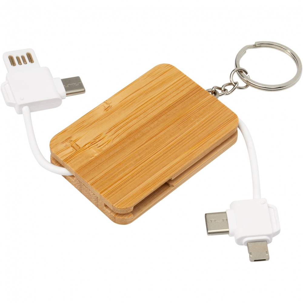 Logo trade business gift photo of: Reel 6-in-1 retractable bamboo key ring charging cable