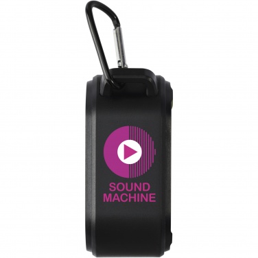 Logo trade promotional merchandise picture of: Solo 3W IPX5 RCS recycled plastic solar Bluetooth® speaker with carabiner 