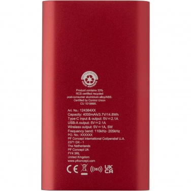 Logo trade promotional items image of: Juice 4000 mAh Type-C recycled aluminium wireless power bank 
