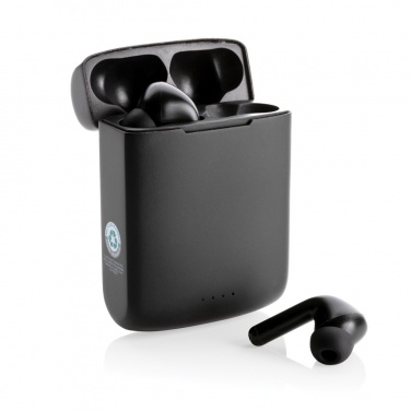 Logo trade promotional items image of: Skywave RCS recycled plastic solar earbuds
