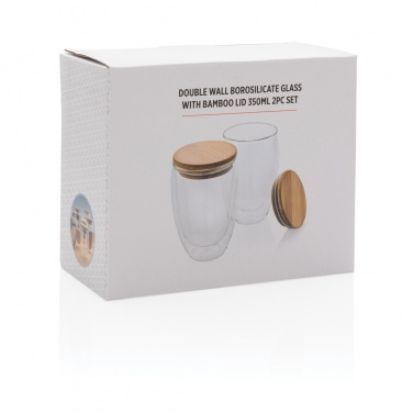 Logo trade business gifts image of: Double wall borosilicate glass with bamboo lid 350ml 2pc set