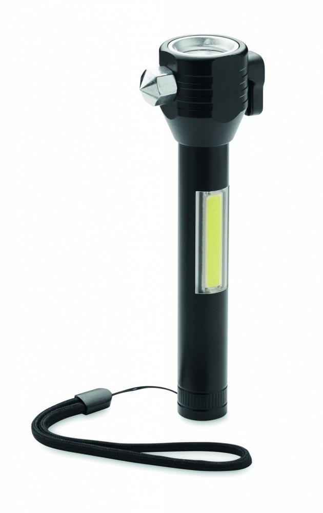 Logo trade promotional merchandise image of: 3-in-1 aluminum flashlight with an emergency hammer and seatbelt cutter, customizable with printing