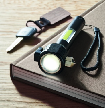Logotrade advertising product picture of: 3-in-1 aluminum flashlight with an emergency hammer and seatbelt cutter, customizable with printing