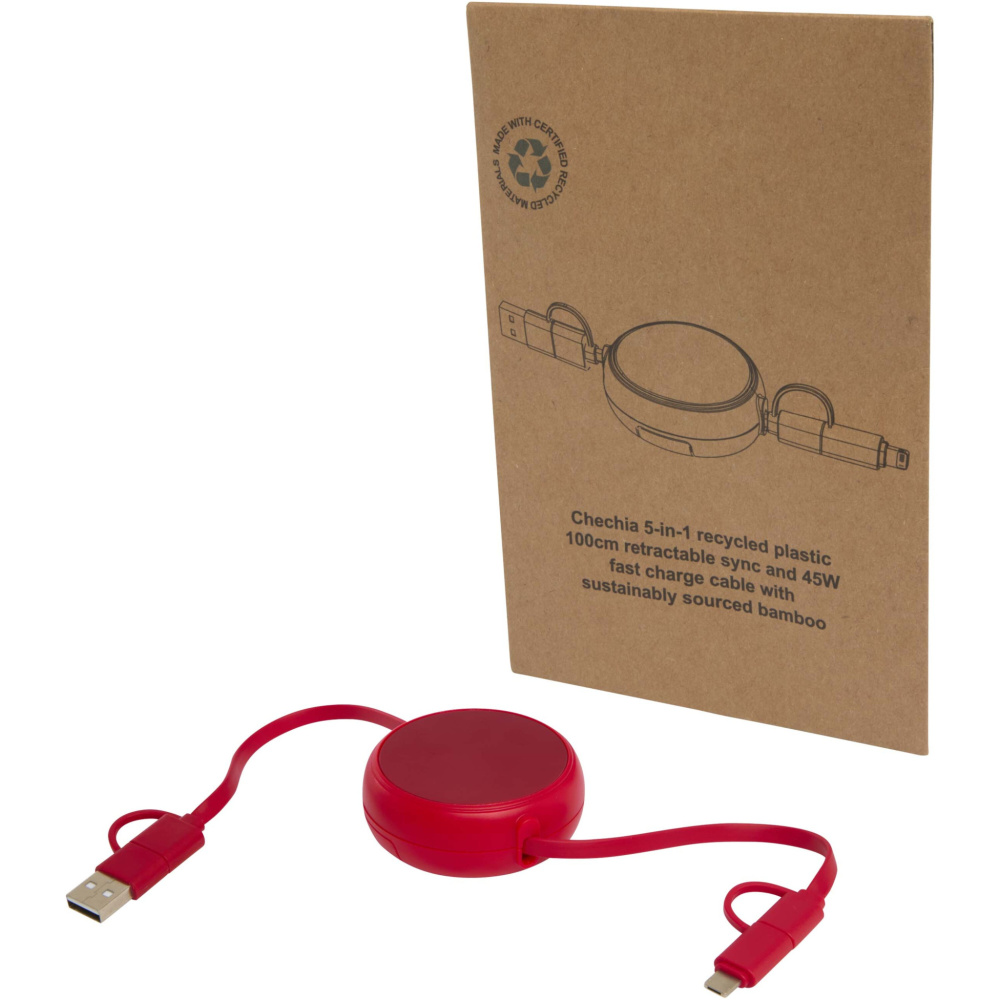 Logotrade corporate gift picture of: Alasia 5-in-1 100 cm recycled plastic and aluminium retractable data sync and 45W fast charge cable