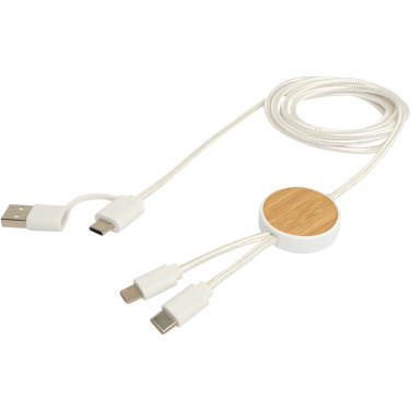 Logo trade corporate gifts picture of: Chechia 5-in-1 recycled plastic 150 cm data sync and 27W fast charge cable with bamboo details