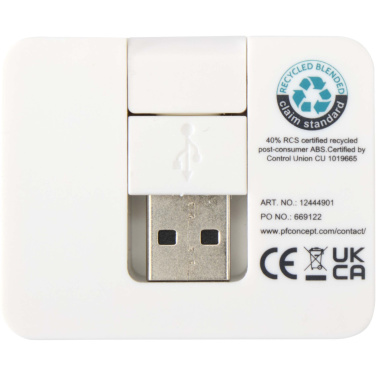 Logotrade promotional product image of: Gaia 4-port USB hub with USB-A and Type-C output and dual input - made from recycled plastic
