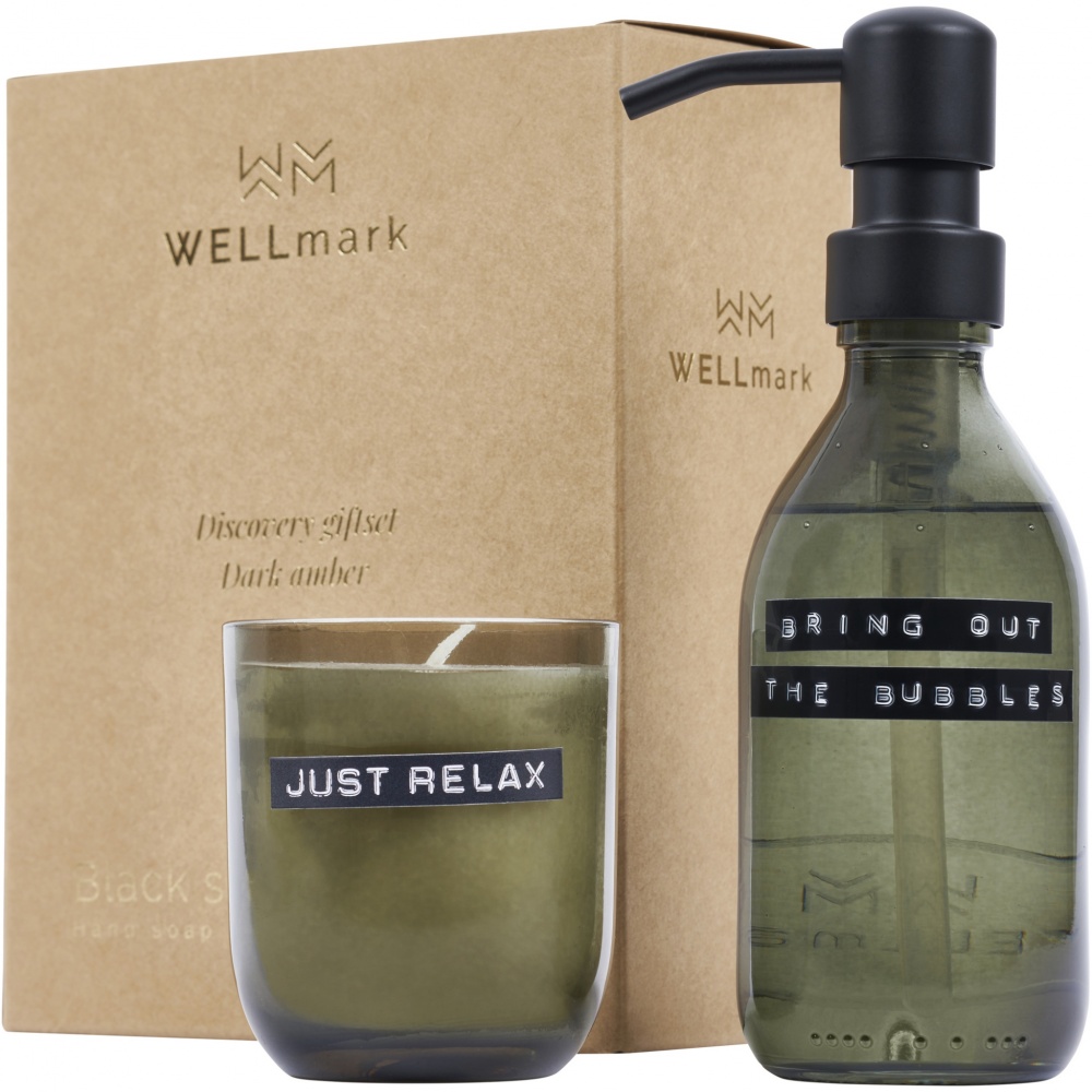 Logotrade liikelahjat mainoslahjat tuotekuva: Wellmark Discovery 200 ml:n käsisaippua-annostelija ja 150 g tuoksukynttiläsetti – tumman meripihkan tuoksu