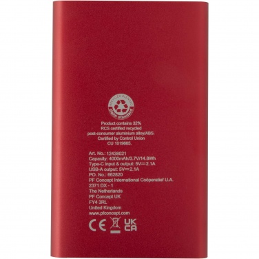 Logotrade mainostuotet kuva: Pep 4 000 mAh:n Type-C-varavirtalähde kierrätetystä alumiinista 