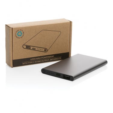 Logo trade mainoslahja ja liikelahja tuotekuva: 4000mAh virtapankki USB-C:llä RCS muovista/alumiinista
