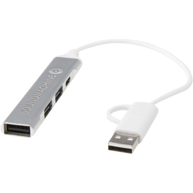 Logotrade mainoslahja tuotekuva: Alkaid 4-porttinen kierrätetystä alumiinista valmistettu USB-A- ja Type-C-keskitin, jossa kaksi sisääntuloa