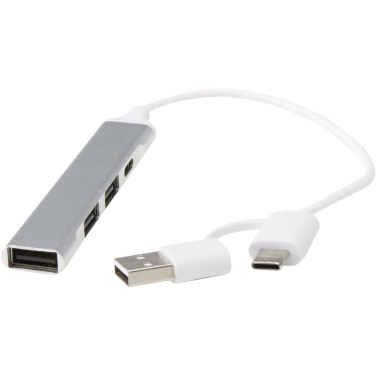 Logotrade mainoslahja ja liikelahja kuva: Alkaid 4-porttinen kierrätetystä alumiinista valmistettu USB-A- ja Type-C-keskitin, jossa kaksi sisääntuloa