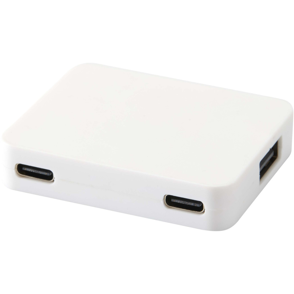 Logotrade dovana nuotrauka: „Gaia“ 4 prievadų USB šakotuvas su USB-A ir C tipo išvestimis bei dviguba įvestimi – pagamintas iš perdirbto plastiko
